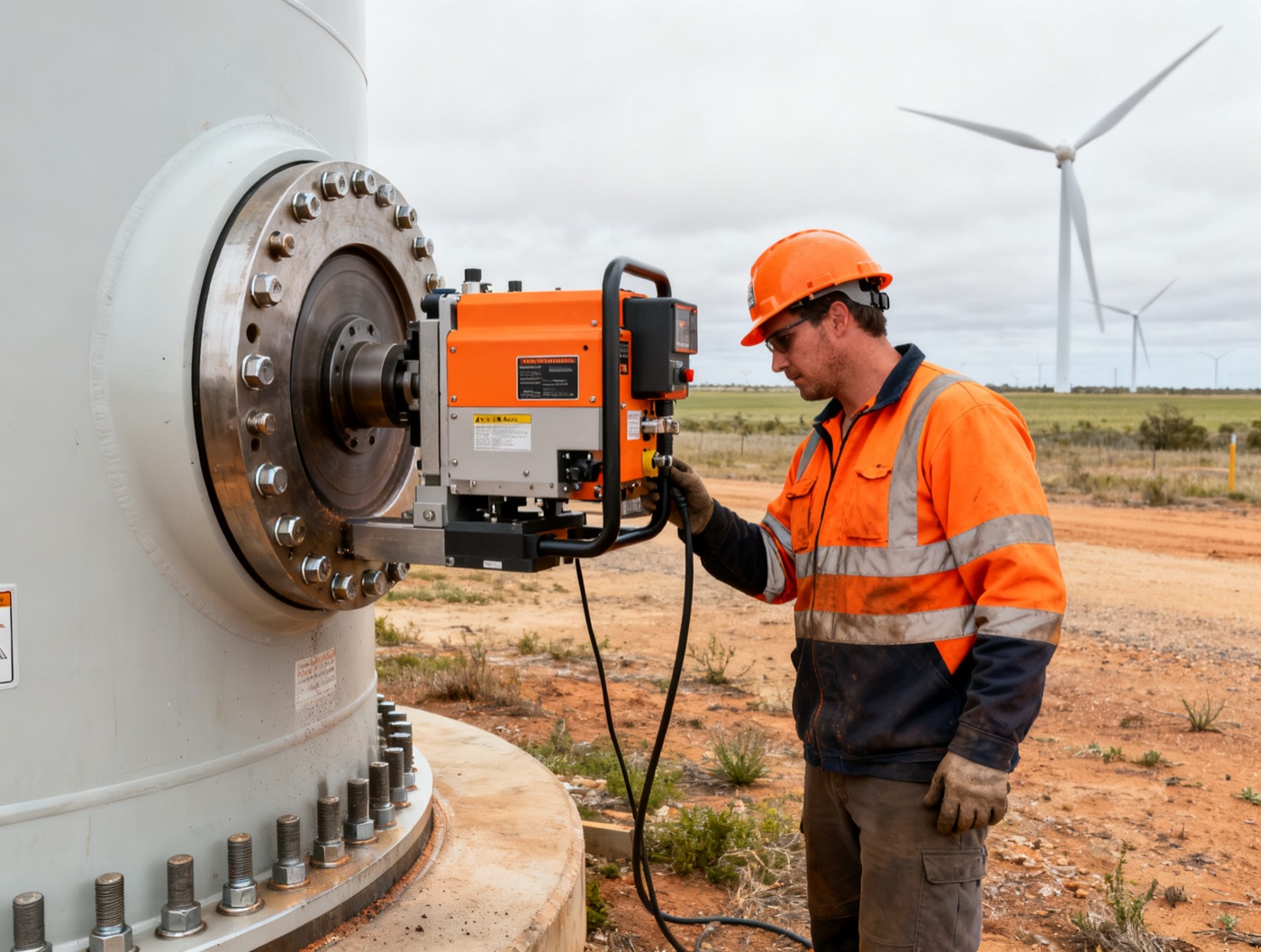 Flange facing machine on a wind turbine tower flange