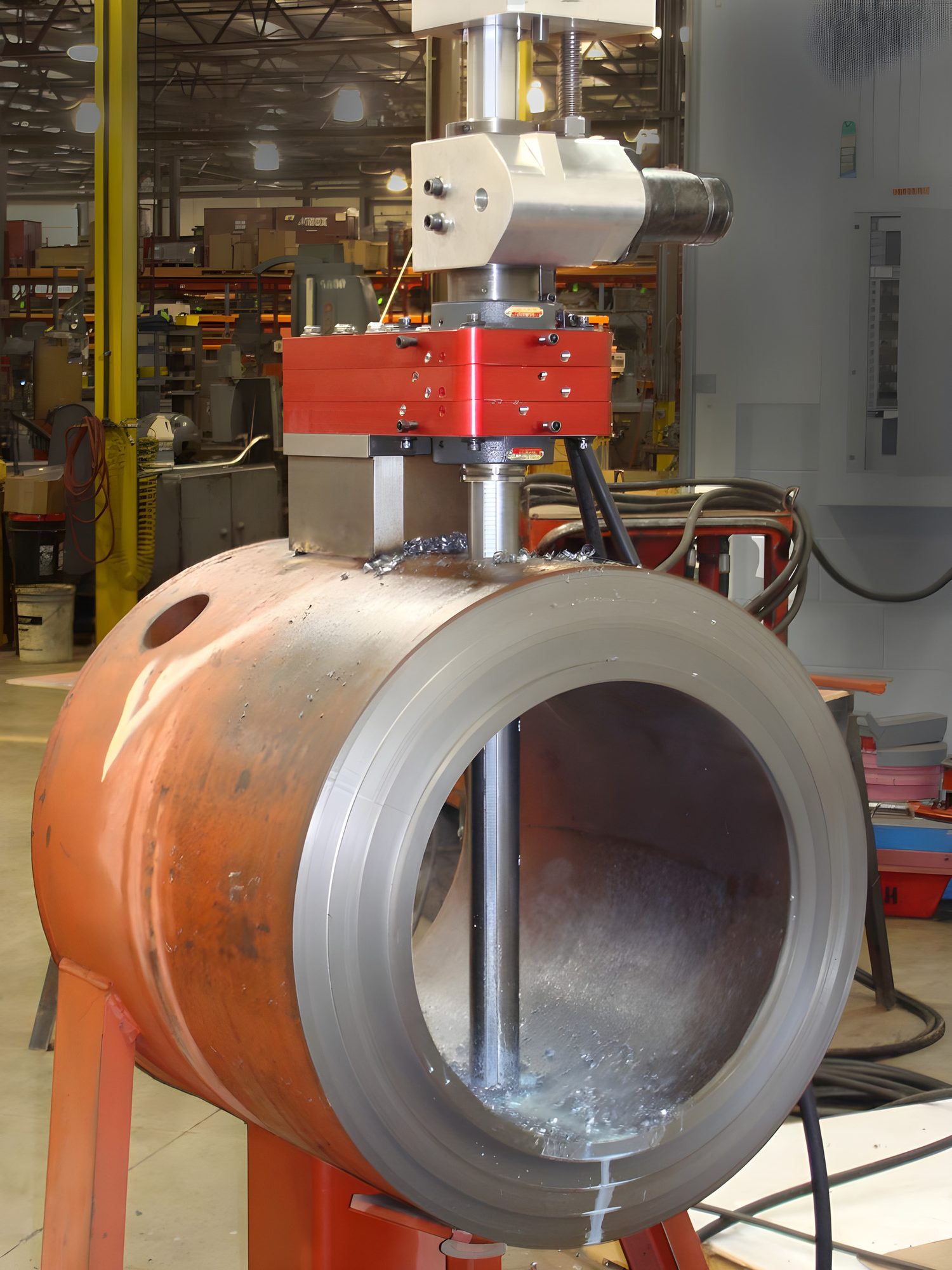 Boring a large steel component